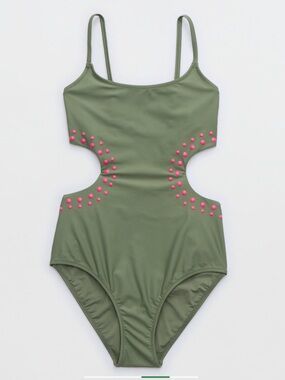 aerie Olive Green One-Piece Swimsuit with Pink Stud Accents